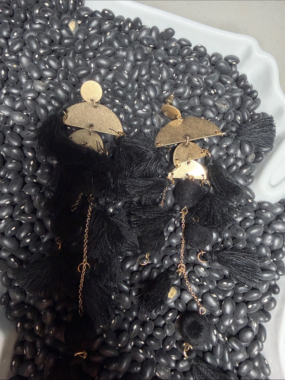 Handmade Black Tassel & Gold Statement Earrings